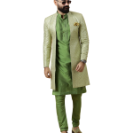 Handmade Lime Green Geometrical Embroidered Open Sherwani with Green Kurta Pajama for Men - Father Son Combo | Jaipurio